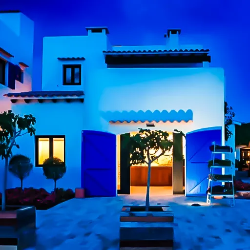 Fachada mediterránea de Paraíso de los Pinos Formentera iluminada al anochecer