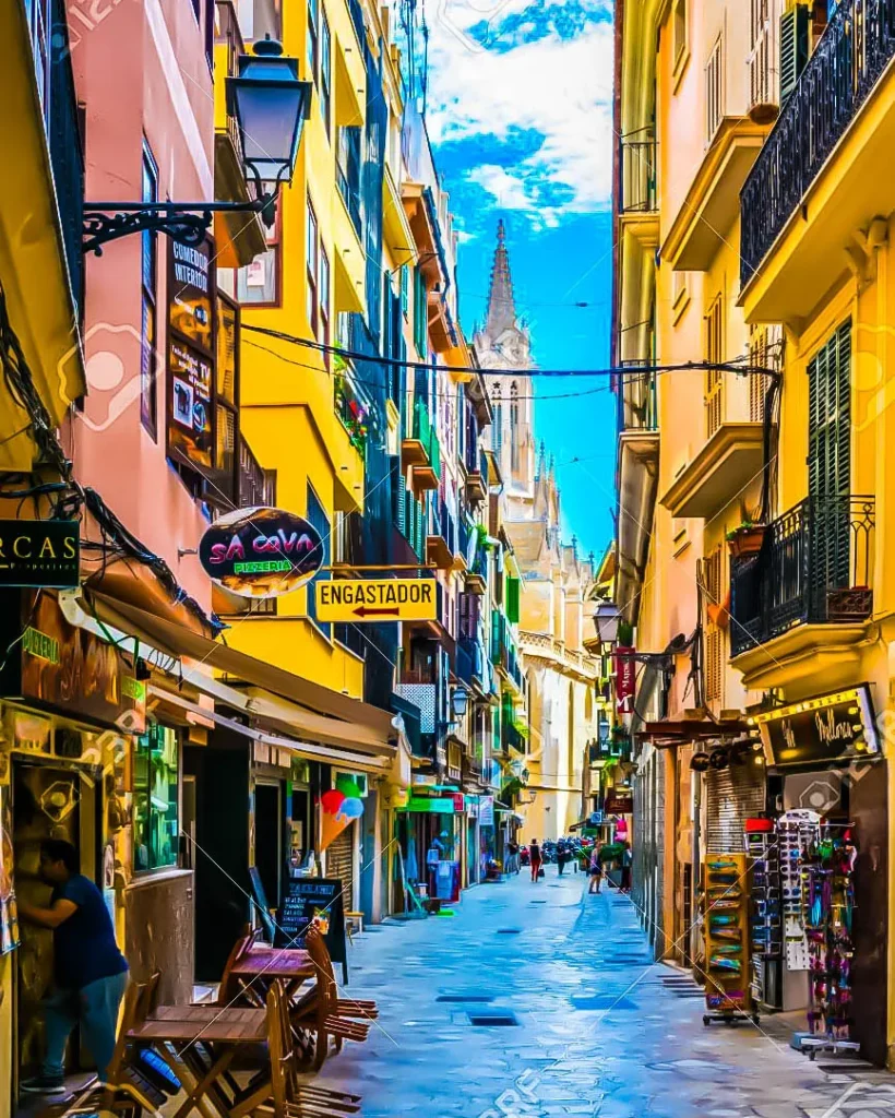 Calle Plata en Palma con fachadas coloridas, comercios locales y ambiente urbano mediterráneo