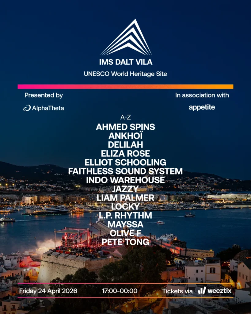 Cartel promocional de “The Unit M.A.” del IMS Ibiza Summit con vista nocturna de Ibiza y listado de artistas participantes.