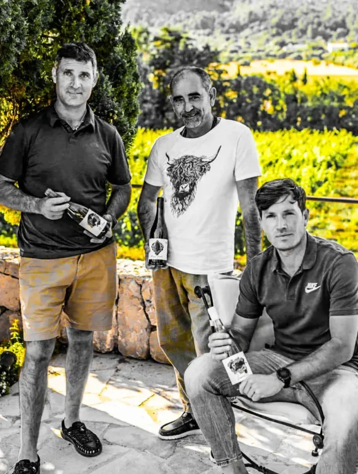 Tres hombres posando en un viñedo con botellas de vino Vinum Pro Nobis